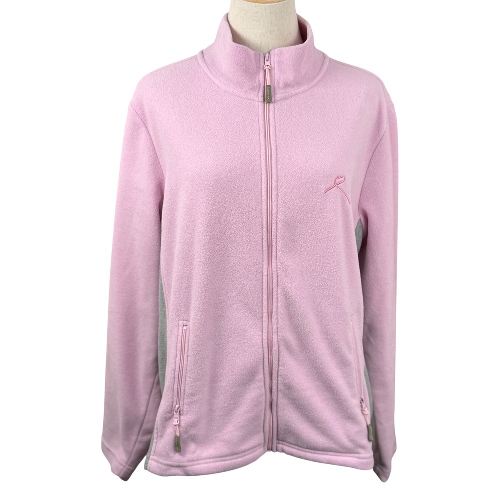 Lecare Women Large Fleece Jacket Pink Grey Zip Up Ribbon Breast Cancer Awareness